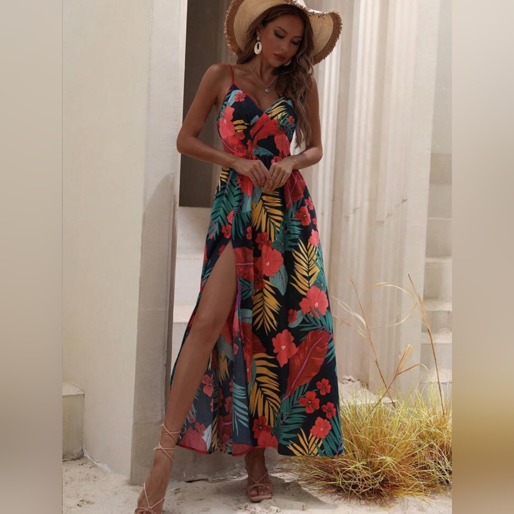 Tropical Print Split Thigh Cami Dress - Picture 2 of 5